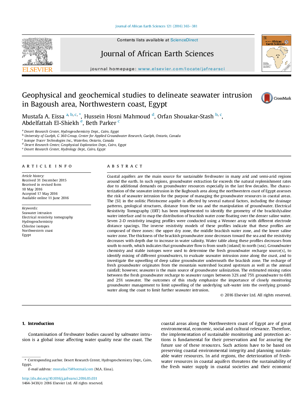 Geophysical and geochemical studies to delineate seawater intrusion in Bagoush area, Northwestern coast, Egypt