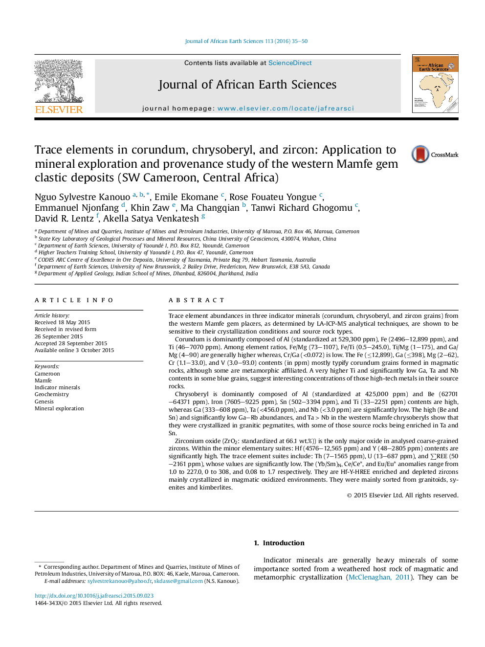 عناصر ردیابی در کورودوم، کریسبریل و زیرکون: کاربرد اکتشاف و تجزیه و تحلیل مواد معدنی از ذخایر سنگی غربی مامفه (کامرون، آفریقای مرکزی) 
