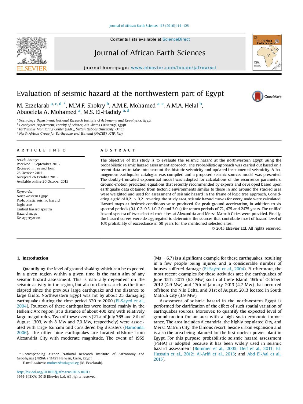 Evaluation of seismic hazard at the northwestern part of Egypt