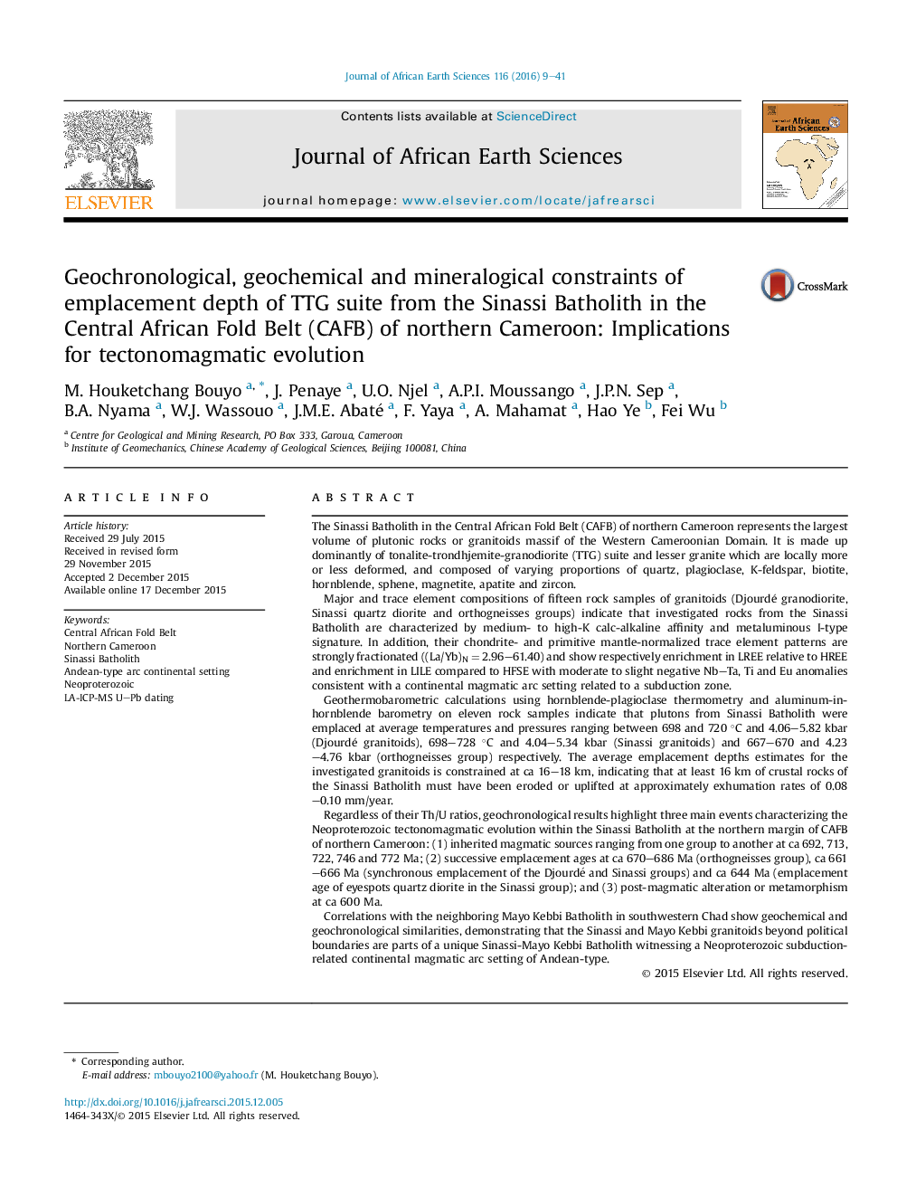 Geochronological, geochemical and mineralogical constraints of emplacement depth of TTG suite from the Sinassi Batholith in the Central African Fold Belt (CAFB) of northern Cameroon: Implications for tectonomagmatic evolution