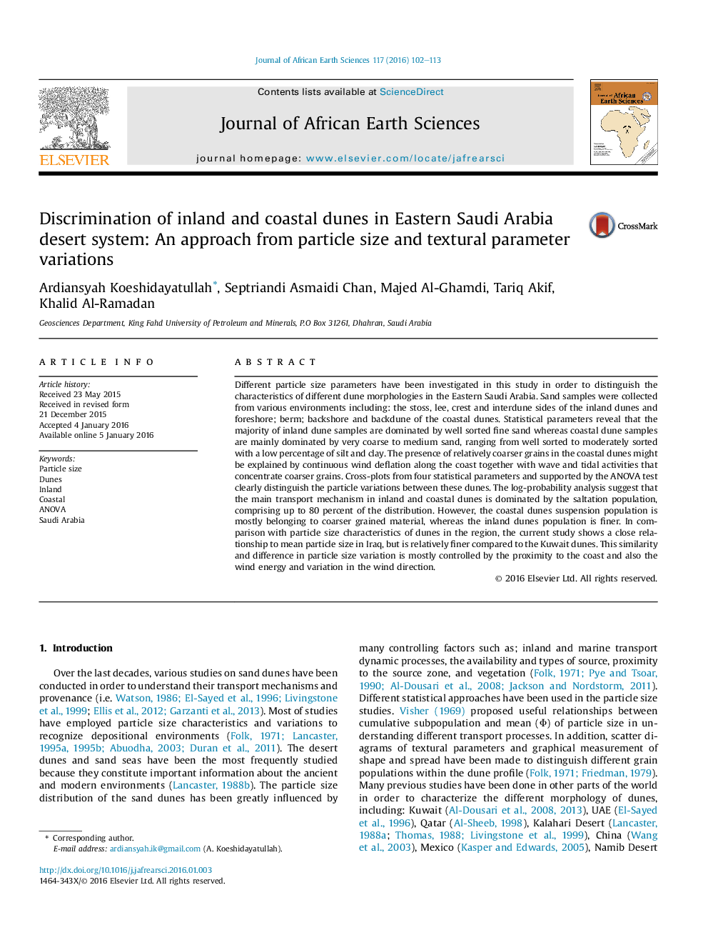 Discrimination of inland and coastal dunes in Eastern Saudi Arabia desert system: An approach from particle size and textural parameter variations