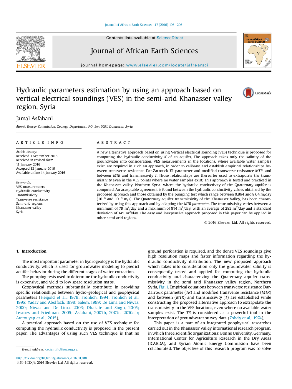 Hydraulic parameters estimation by using an approach based on vertical electrical soundings (VES) in the semi-arid Khanasser valley region, Syria