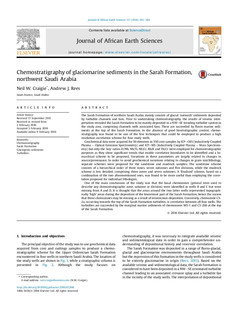 Chemostratigraphy of glaciomarine sediments in the Sarah Formation, northwest Saudi Arabia