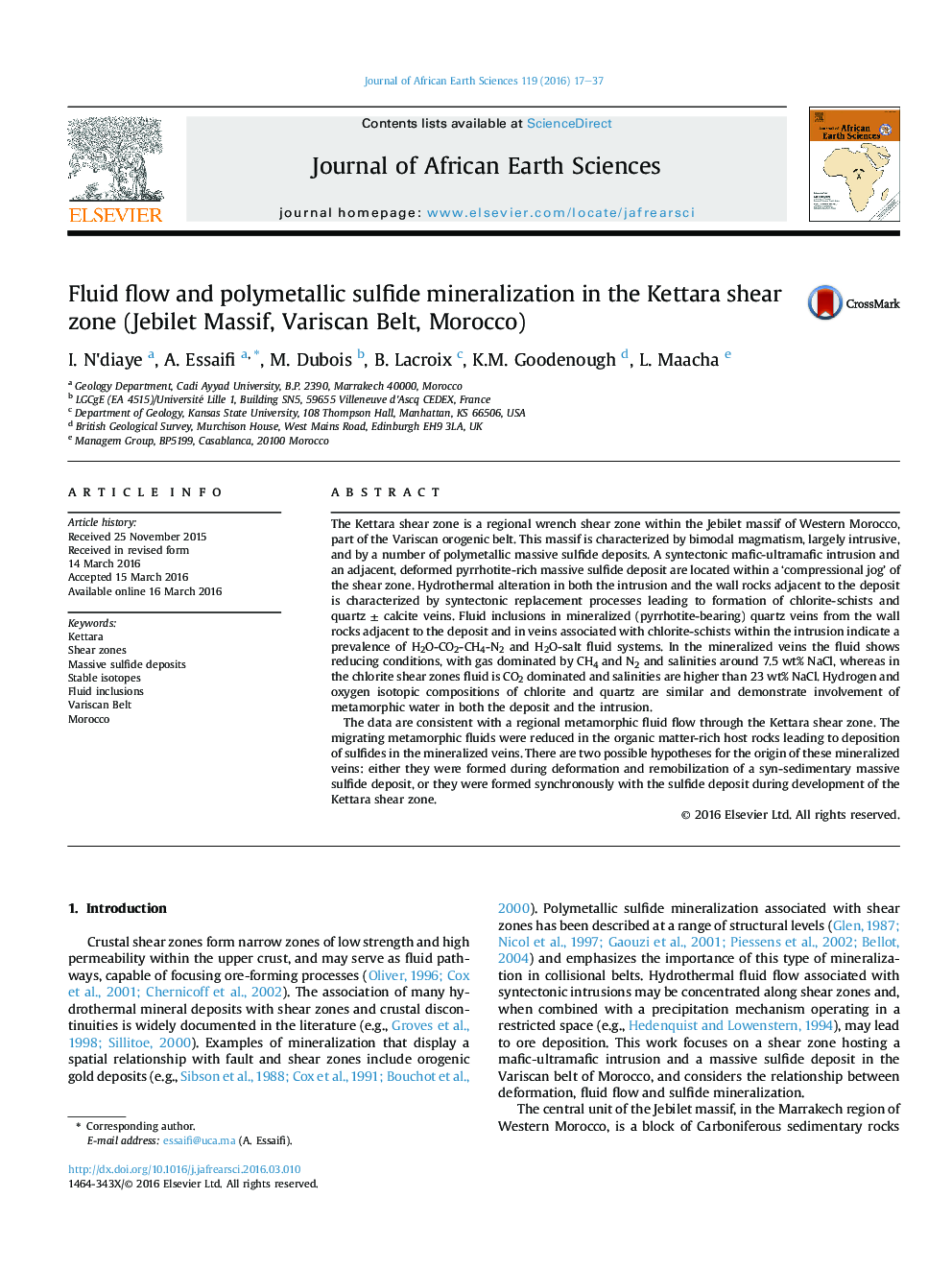عکس صفحه اول مقاله: Fluid flow and polymetallic sulfide mineralization in the Kettara shear zone (Jebilet Massif, Variscan Belt, Morocco) Fluid flow and polymetallic sulfide mineralization in the Kettara shear zone (Jebilet Massif, Variscan Belt, Morocco)