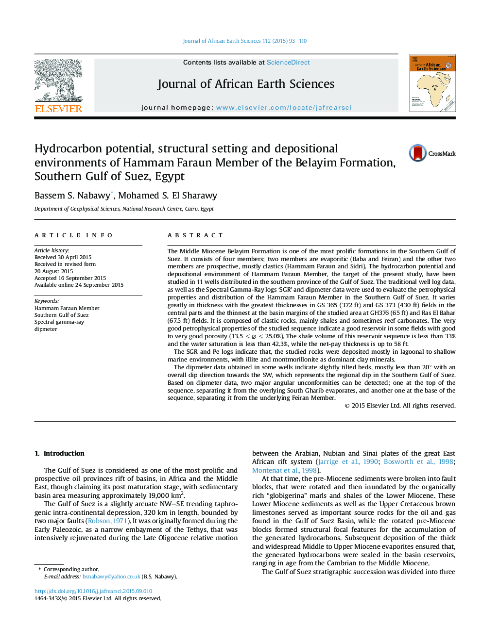 عکس صفحه اول مقاله: Hydrocarbon potential, structural setting and depositional environments of Hammam Faraun Member of the Belayim Formation, Southern Gulf of Suez, Egypt Hydrocarbon potential, structural setting and depositional environments of Hammam Faraun Member of the Belayim Formation, Southern Gulf of Suez, Egypt