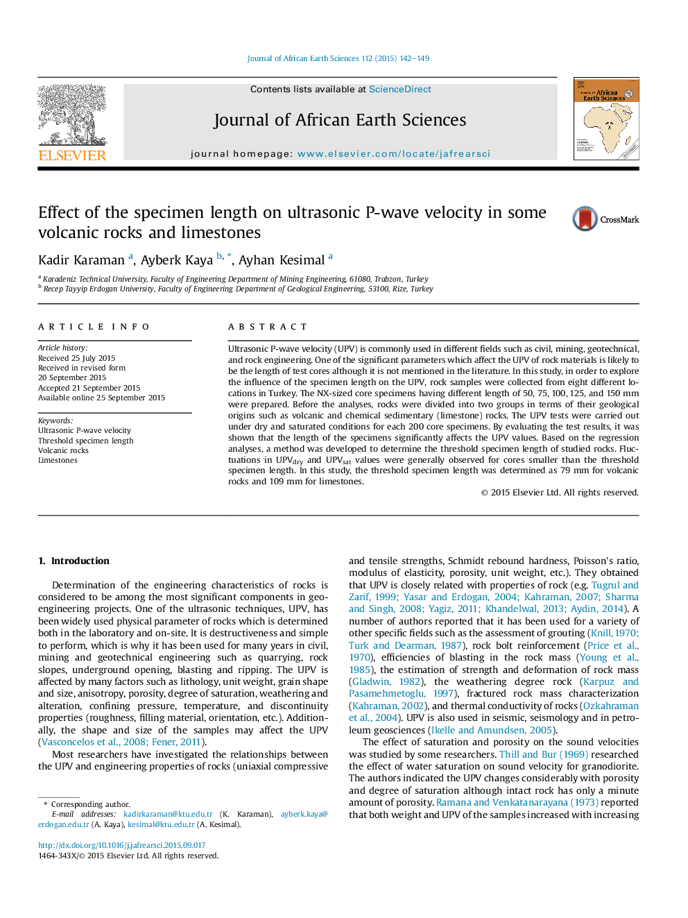 Effect of the specimen length on ultrasonic P-wave velocity in some volcanic rocks and limestones