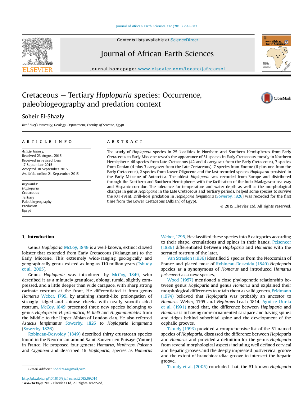 Cretaceous – Tertiary Hoploparia species: Occurrence, paleobiogeography and predation context