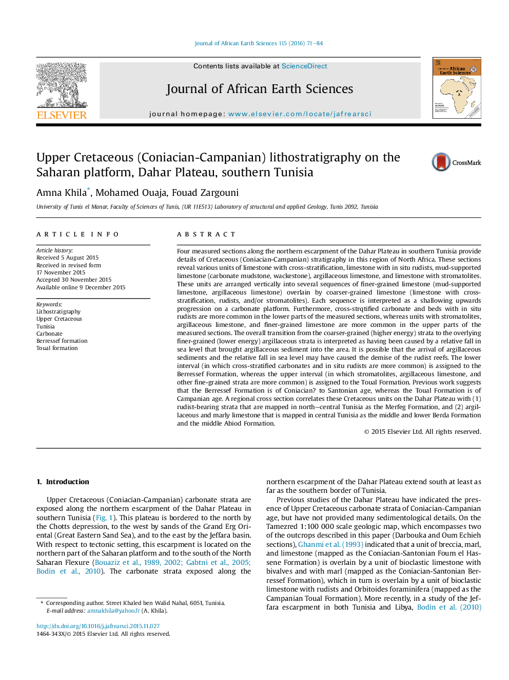 Upper Cretaceous (Coniacian-Campanian) lithostratigraphy on the Saharan platform, Dahar Plateau, southern Tunisia