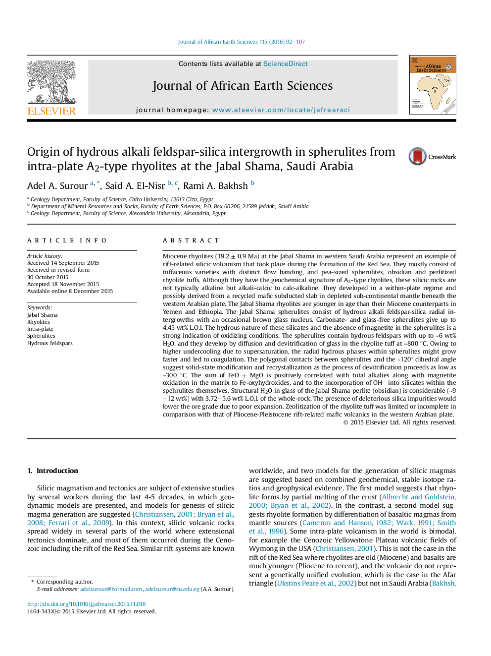 Origin of hydrous alkali feldspar-silica intergrowth in spherulites from intra-plate A2-type rhyolites at the Jabal Shama, Saudi Arabia