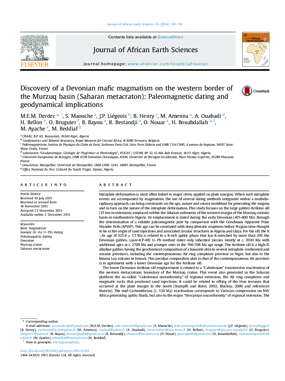 Discovery of a Devonian mafic magmatism on the western border of the Murzuq basin (Saharan metacraton): Paleomagnetic dating and geodynamical implications