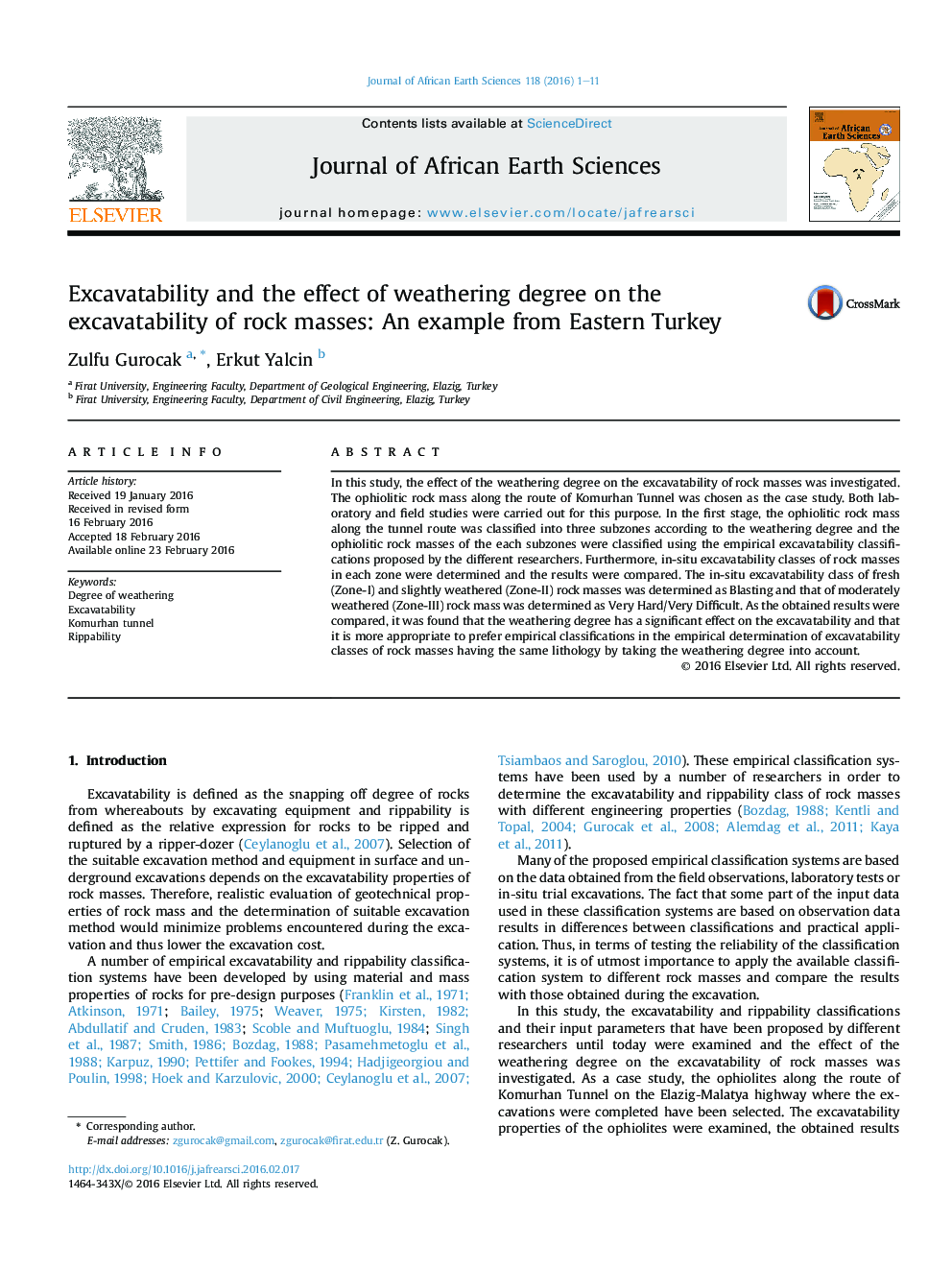 Excavatability and the effect of weathering degree on the excavatability of rock masses: An example from Eastern Turkey