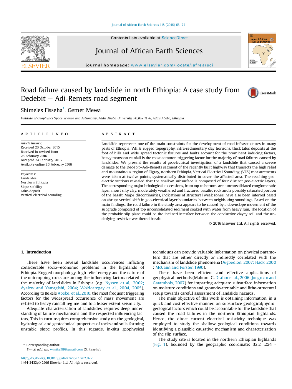 Road failure caused by landslide in north Ethiopia: A case study from Dedebit – Adi-Remets road segment