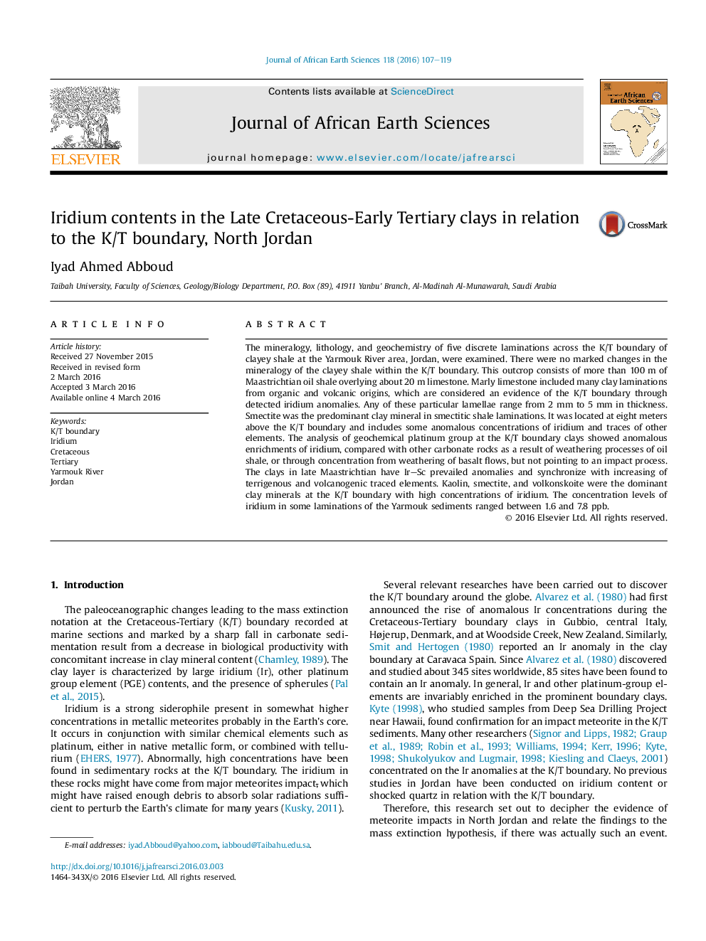 Iridium contents in the Late Cretaceous-Early Tertiary clays in relation to the K/T boundary, North Jordan