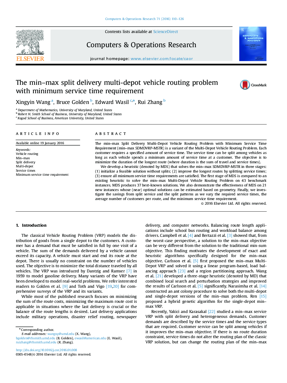 The min–max split delivery multi-depot vehicle routing problem with minimum service time requirement