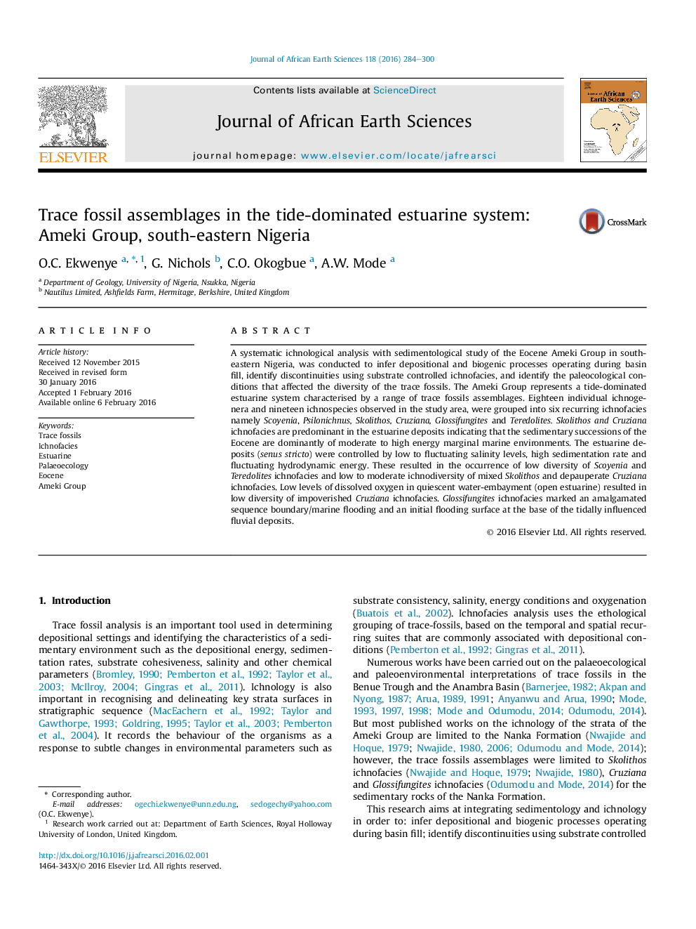 Trace fossil assemblages in the tide-dominated estuarine system: Ameki Group, south-eastern Nigeria