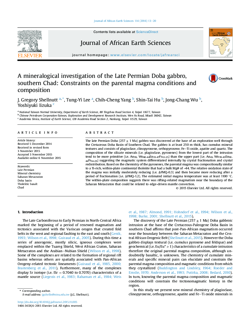 A mineralogical investigation of the Late Permian Doba gabbro, southern Chad: Constraints on the parental magma conditions and composition