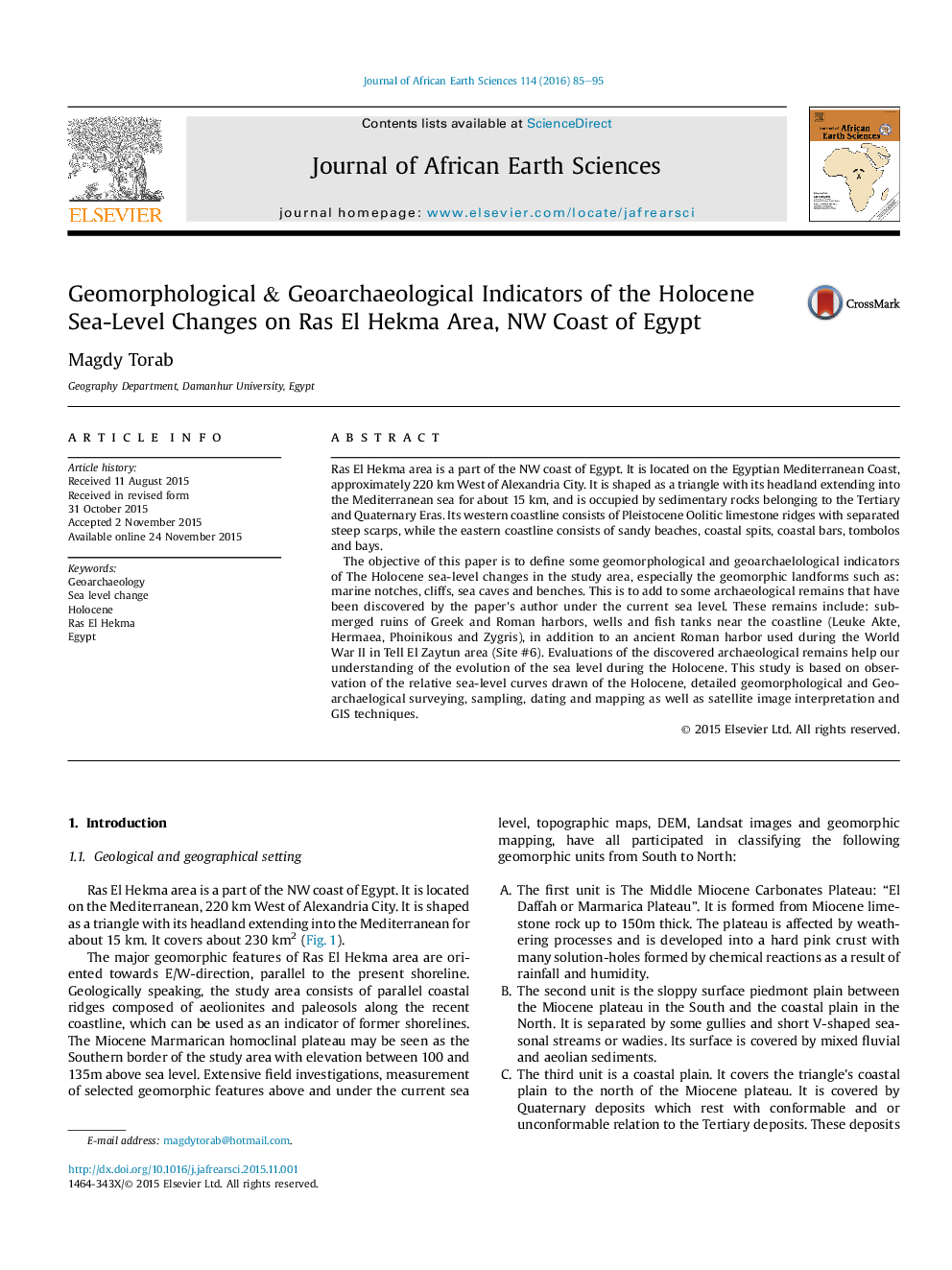 Geomorphological & Geoarchaeological Indicators of the Holocene Sea-Level Changes on Ras El Hekma Area, NW Coast of Egypt