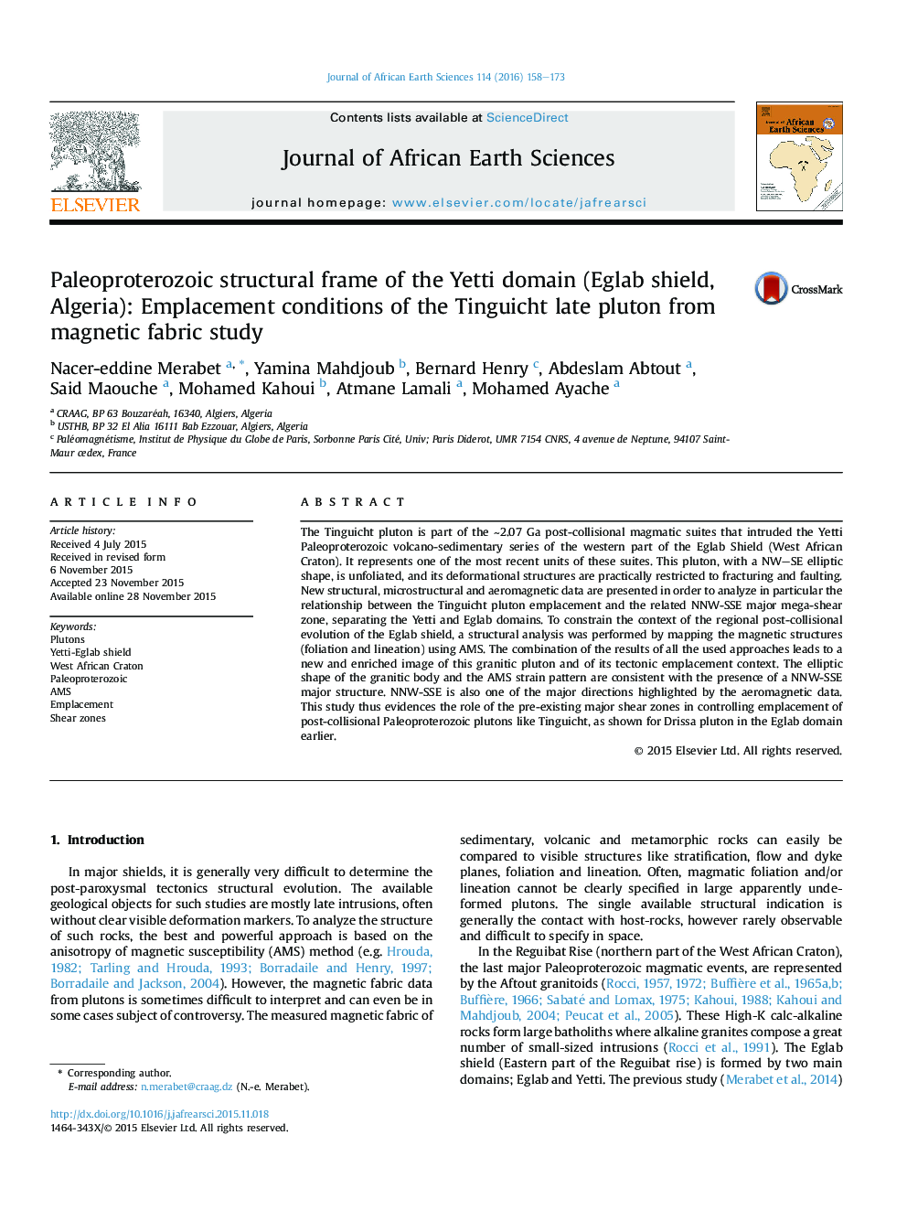 Paleoproterozoic structural frame of the Yetti domain (Eglab shield, Algeria): Emplacement conditions of the Tinguicht late pluton from magnetic fabric study