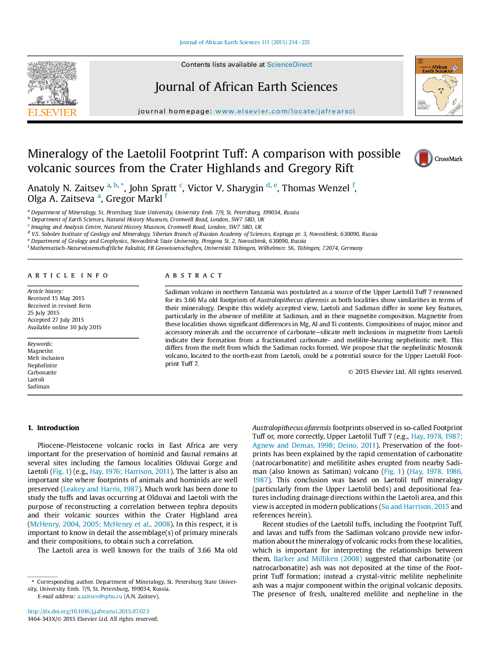 Mineralogy of the Laetolil Footprint Tuff: A comparison with possible volcanic sources from the Crater Highlands and Gregory Rift