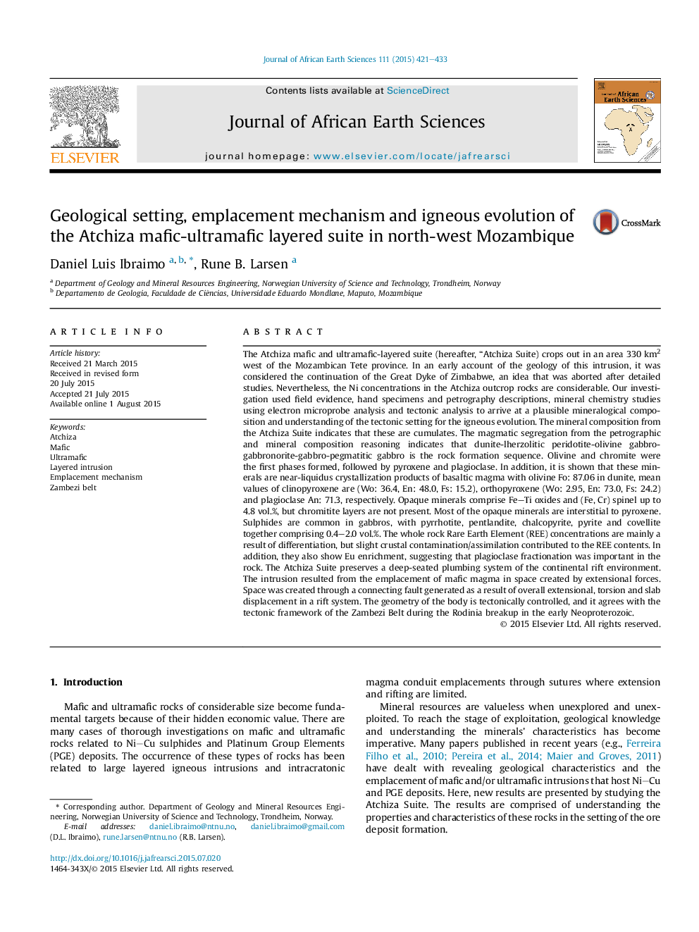 Geological setting, emplacement mechanism and igneous evolution of the Atchiza mafic-ultramafic layered suite in north-west Mozambique