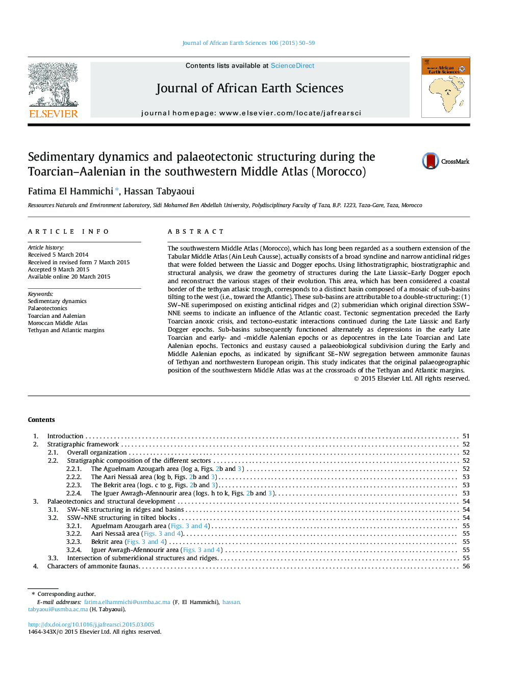 Sedimentary dynamics and palaeotectonic structuring during the Toarcian–Aalenian in the southwestern Middle Atlas (Morocco)