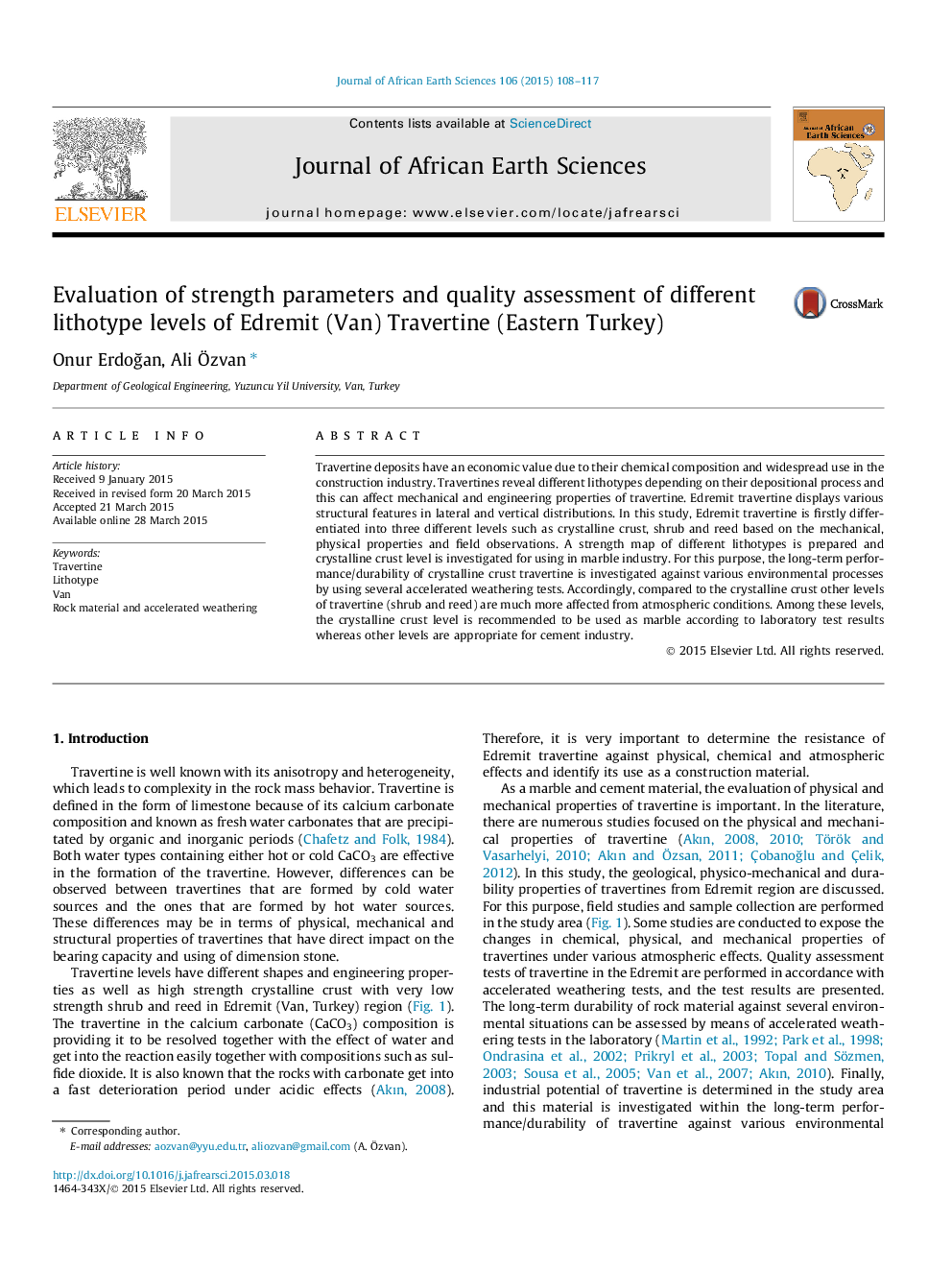 Evaluation of strength parameters and quality assessment of different lithotype levels of Edremit (Van) Travertine (Eastern Turkey)