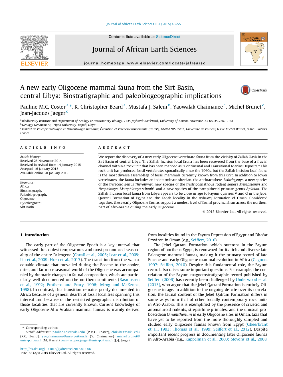 A new early Oligocene mammal fauna from the Sirt Basin, central Libya: Biostratigraphic and paleobiogeographic implications