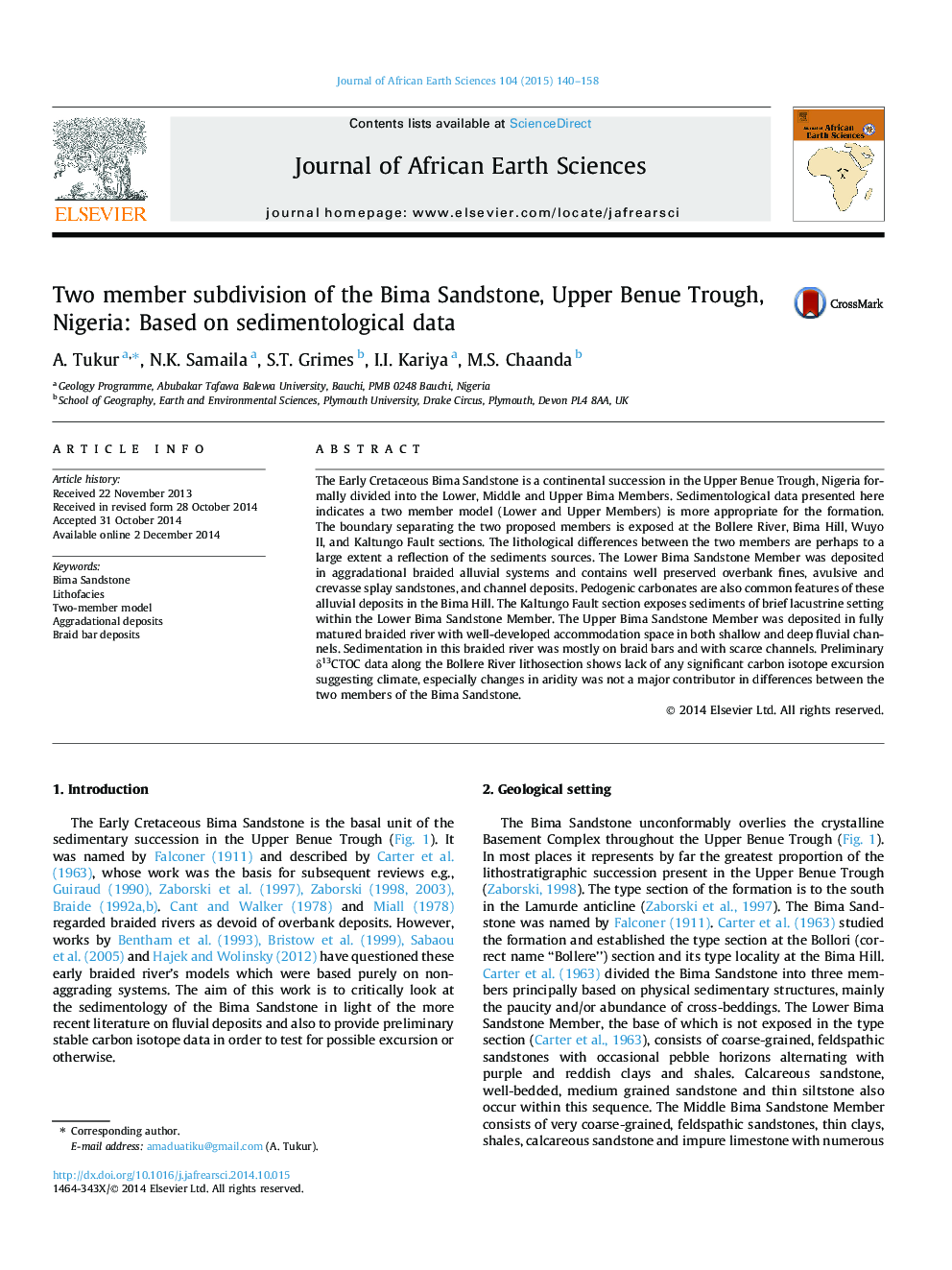 Two member subdivision of the Bima Sandstone, Upper Benue Trough, Nigeria: Based on sedimentological data