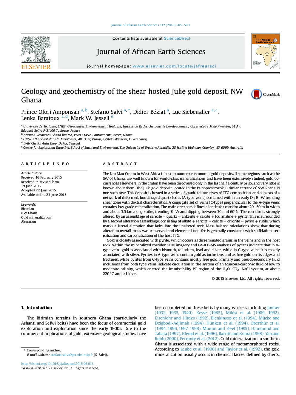 Geology and geochemistry of the shear-hosted Julie gold deposit, NW Ghana