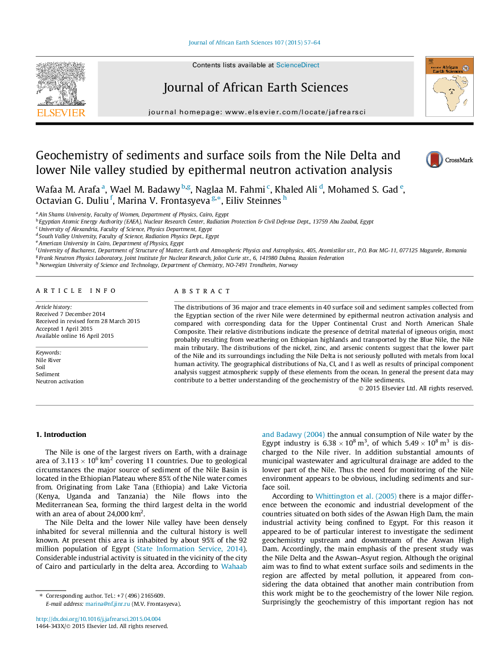 Geochemistry of sediments and surface soils from the Nile Delta and lower Nile valley studied by epithermal neutron activation analysis