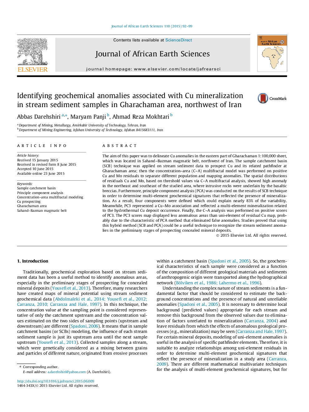 Identifying geochemical anomalies associated with Cu mineralization in stream sediment samples in Gharachaman area, northwest of Iran