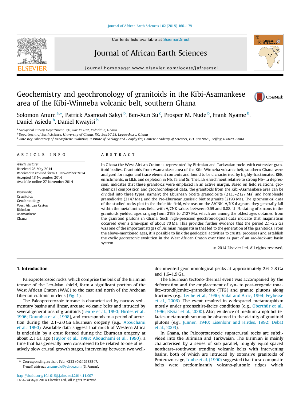 Geochemistry and geochronology of granitoids in the Kibi-Asamankese area of the Kibi-Winneba volcanic belt, southern Ghana