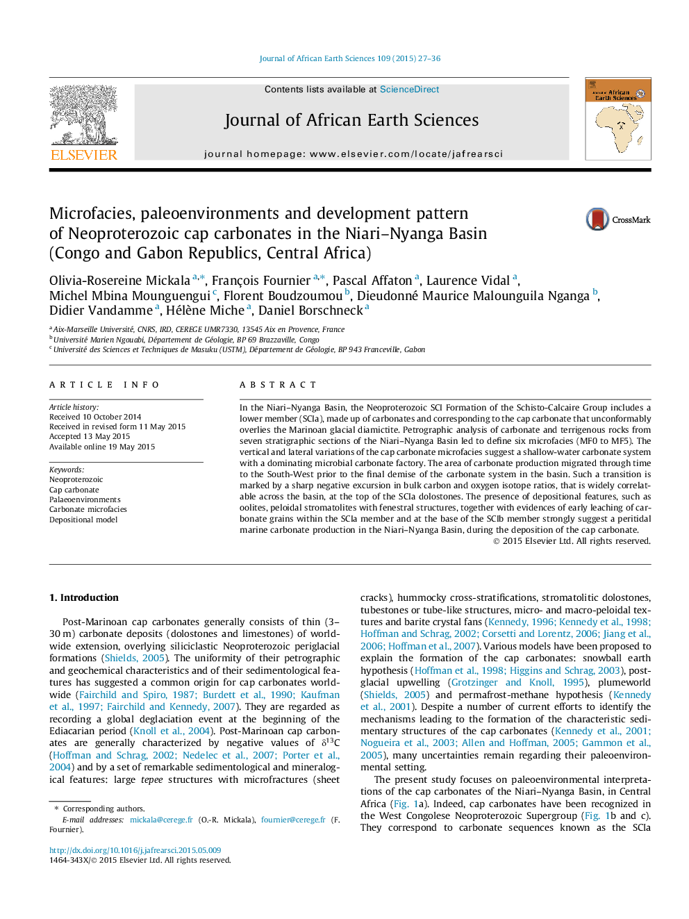 Microfacies, paleoenvironments and development pattern of Neoproterozoic cap carbonates in the Niari–Nyanga Basin (Congo and Gabon Republics, Central Africa)