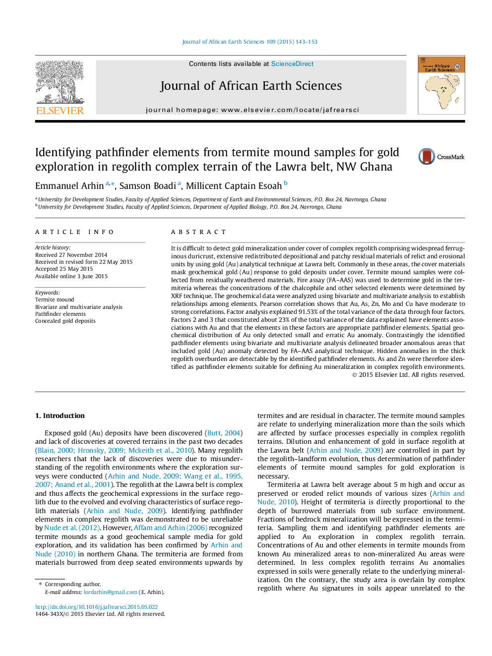 Identifying pathfinder elements from termite mound samples for gold exploration in regolith complex terrain of the Lawra belt, NW Ghana