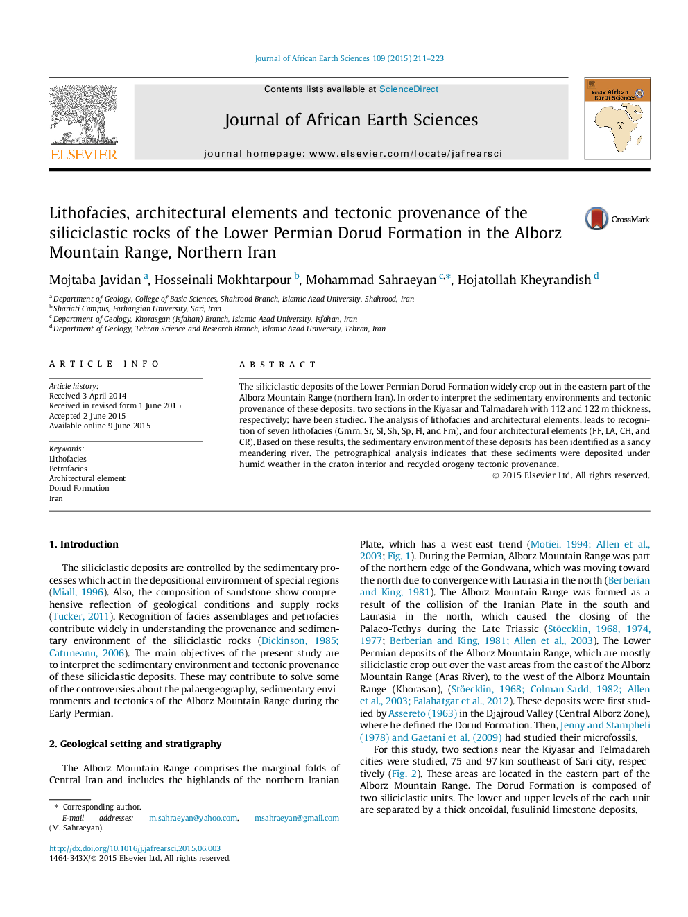 Lithofacies, architectural elements and tectonic provenance of the siliciclastic rocks of the Lower Permian Dorud Formation in the Alborz Mountain Range, Northern Iran