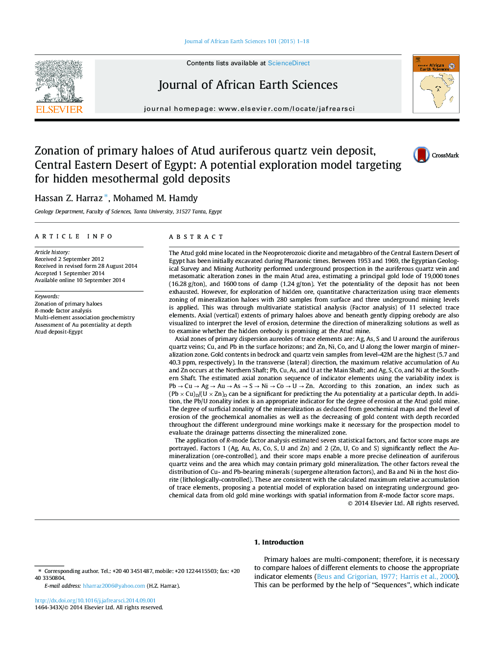 Zonation of primary haloes of Atud auriferous quartz vein deposit, Central Eastern Desert of Egypt: A potential exploration model targeting for hidden mesothermal gold deposits