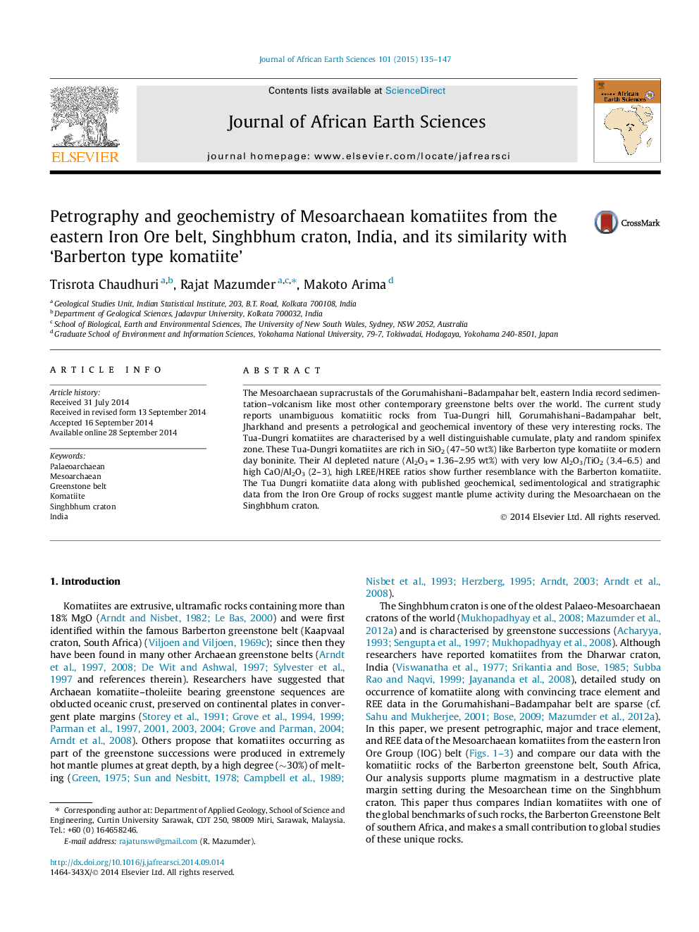 Petrography and geochemistry of Mesoarchaean komatiites from the eastern Iron Ore belt, Singhbhum craton, India, and its similarity with ‘Barberton type komatiite’