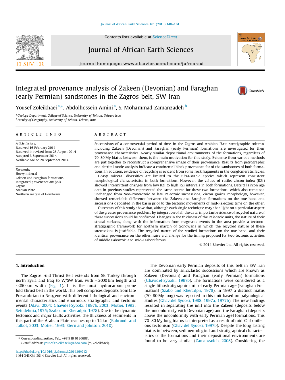 تجزیه و تحلیل مجتمع شن و ماسه سنگ زاکین (دونین) و فرجان (اولیه پرمین) در کمربند زاگرس، سوئیس 