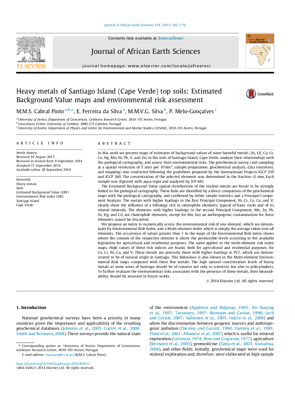 Heavy metals of Santiago Island (Cape Verde) top soils: Estimated Background Value maps and environmental risk assessment