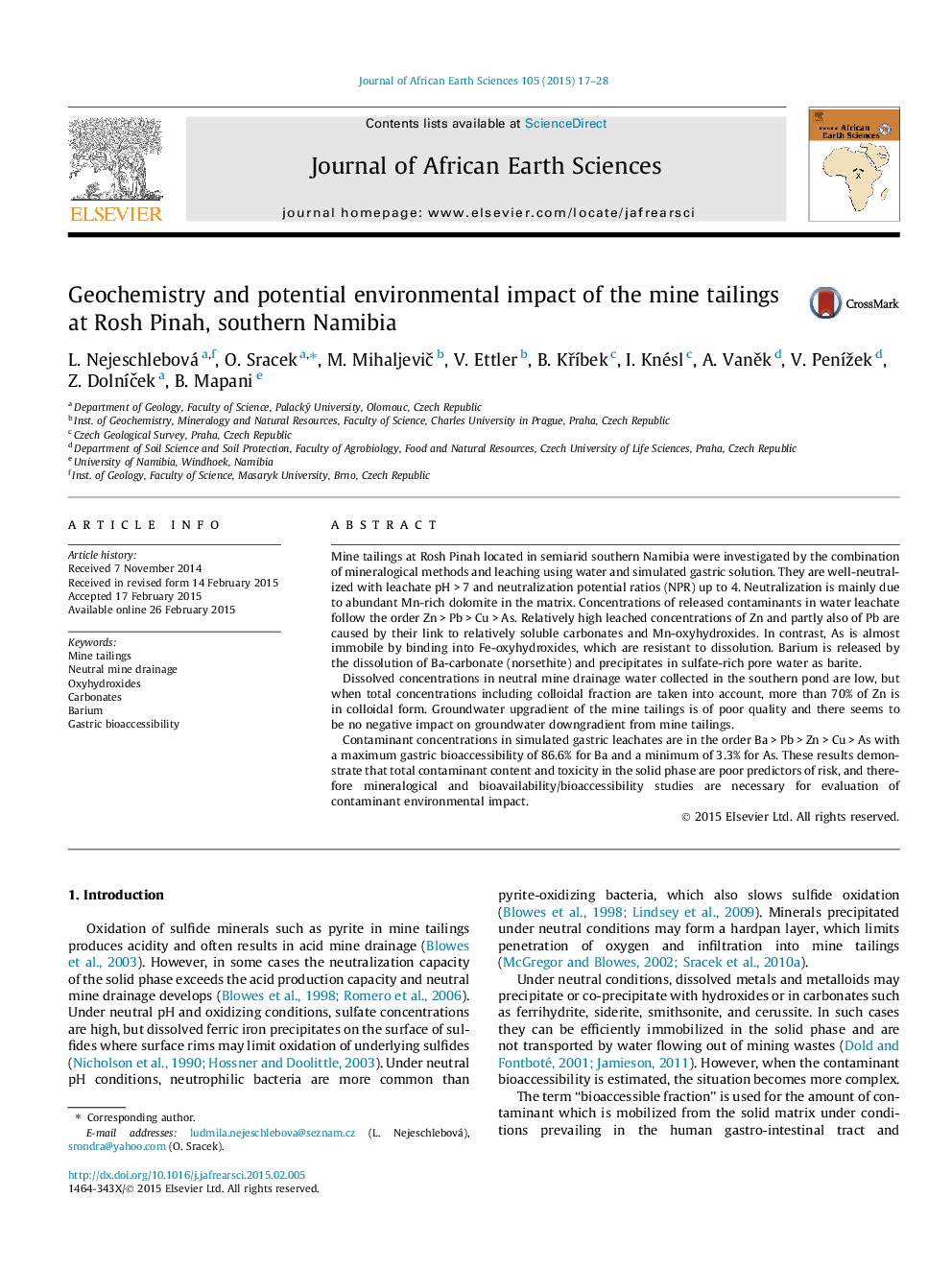 Geochemistry and potential environmental impact of the mine tailings at Rosh Pinah, southern Namibia