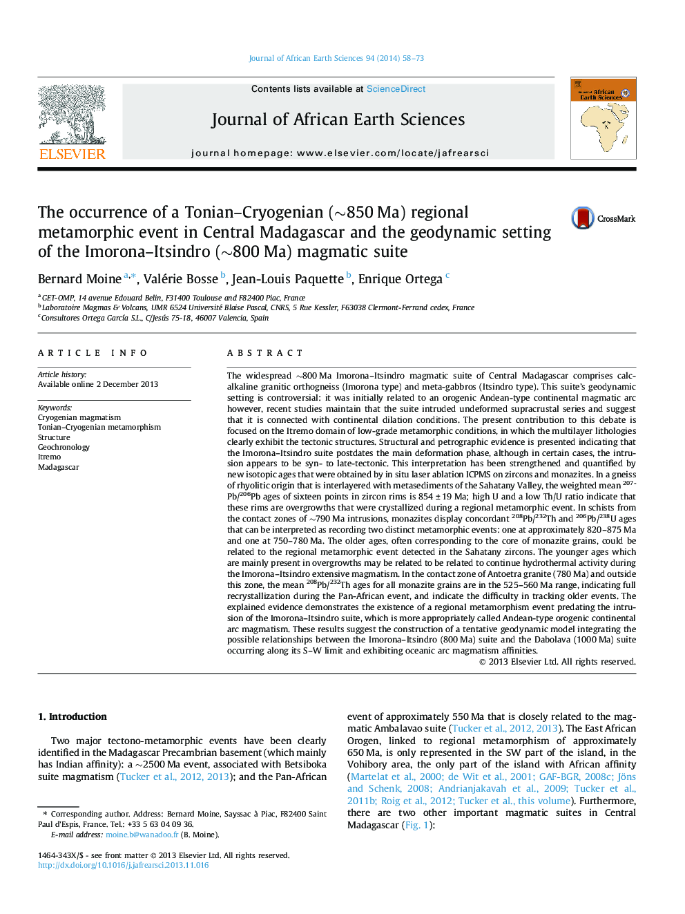 The occurrence of a Tonian–Cryogenian (∼850 Ma) regional metamorphic event in Central Madagascar and the geodynamic setting of the Imorona–Itsindro (∼800 Ma) magmatic suite