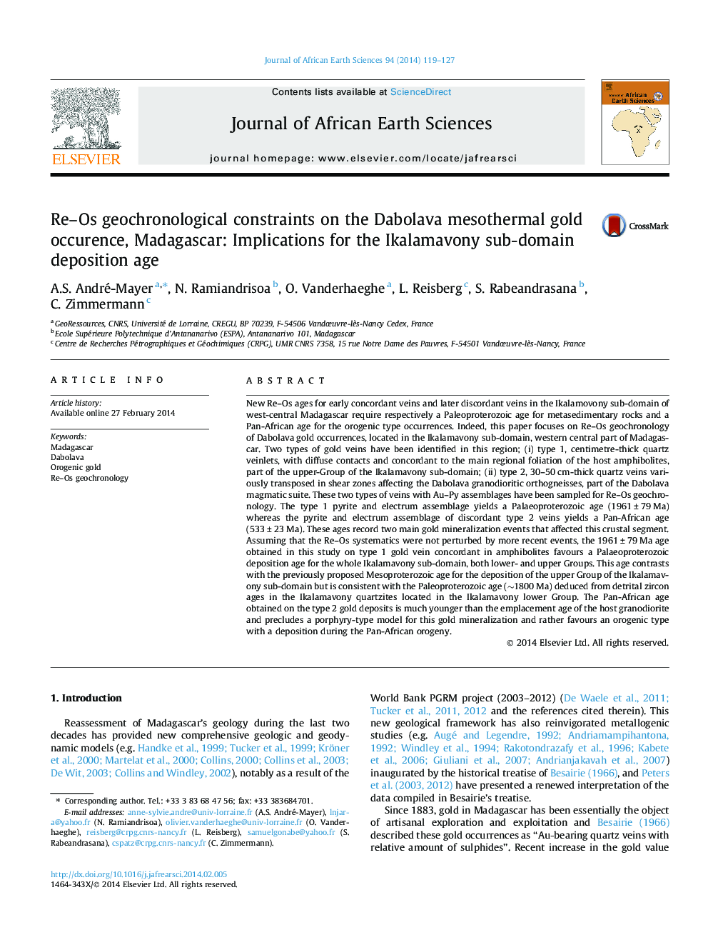 Re–Os geochronological constraints on the Dabolava mesothermal gold occurence, Madagascar: Implications for the Ikalamavony sub-domain deposition age
