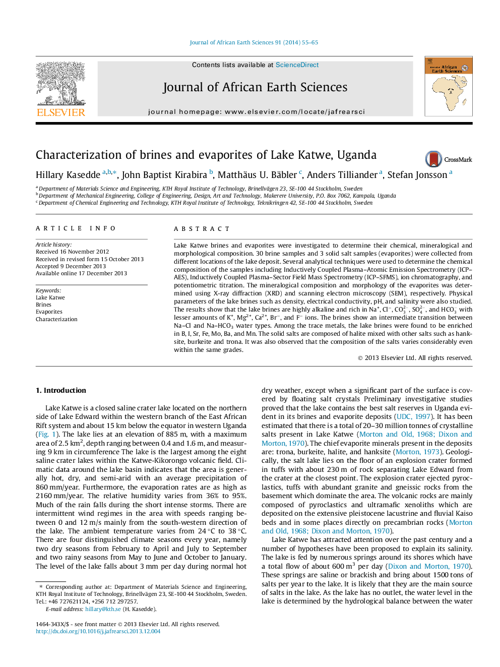 Characterization of brines and evaporites of Lake Katwe, Uganda