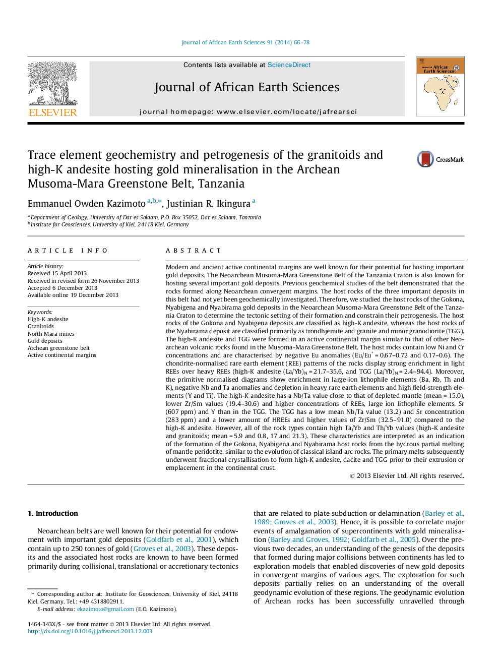 Trace element geochemistry and petrogenesis of the granitoids and high-K andesite hosting gold mineralisation in the Archean Musoma-Mara Greenstone Belt, Tanzania