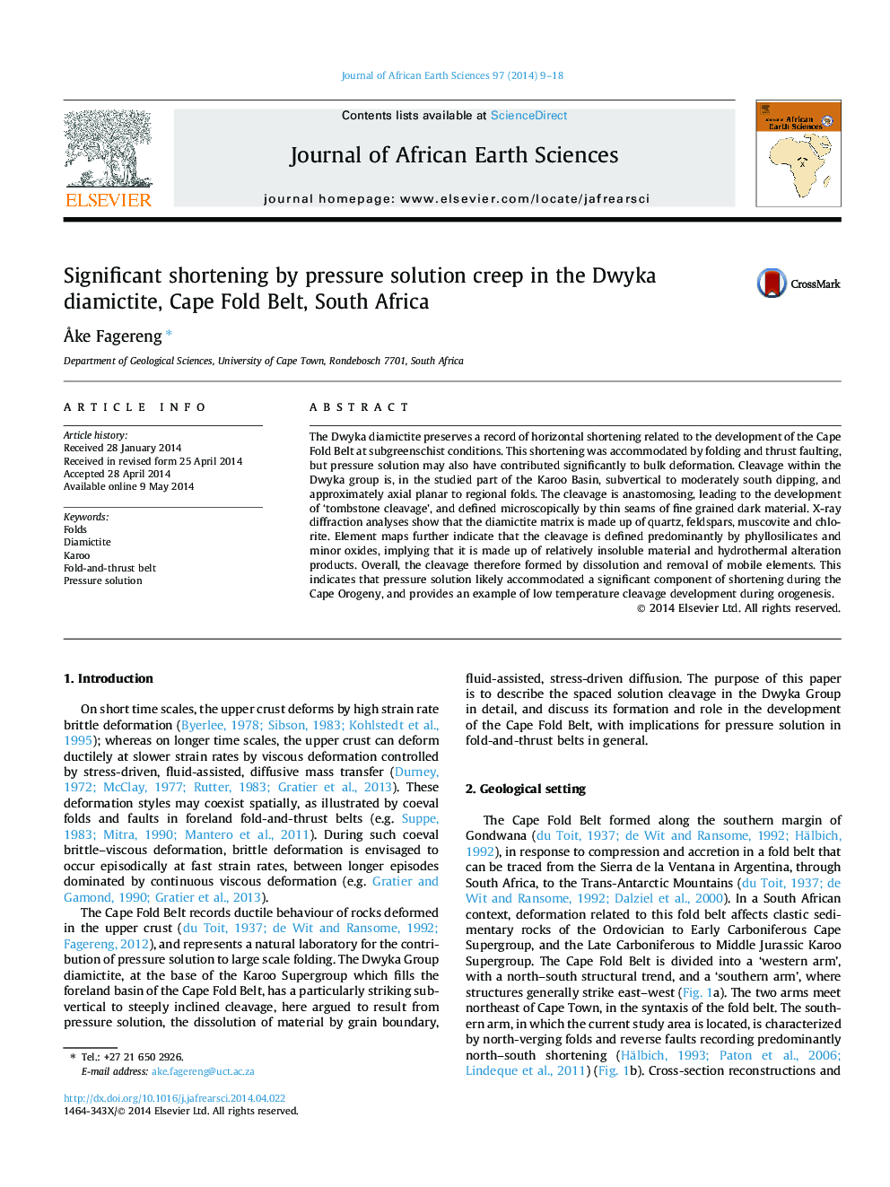 Significant shortening by pressure solution creep in the Dwyka diamictite, Cape Fold Belt, South Africa