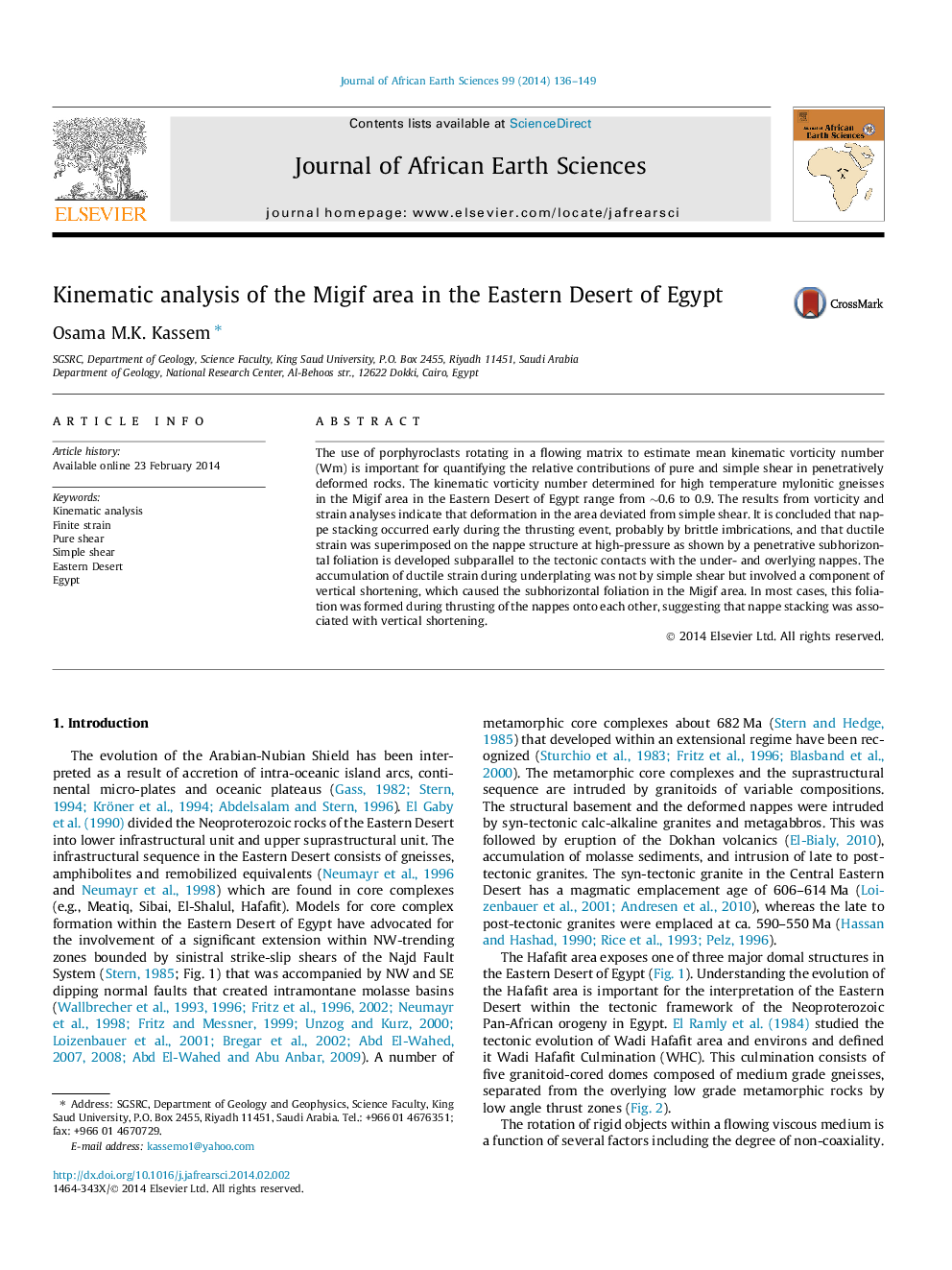 Kinematic analysis of the Migif area in the Eastern Desert of Egypt