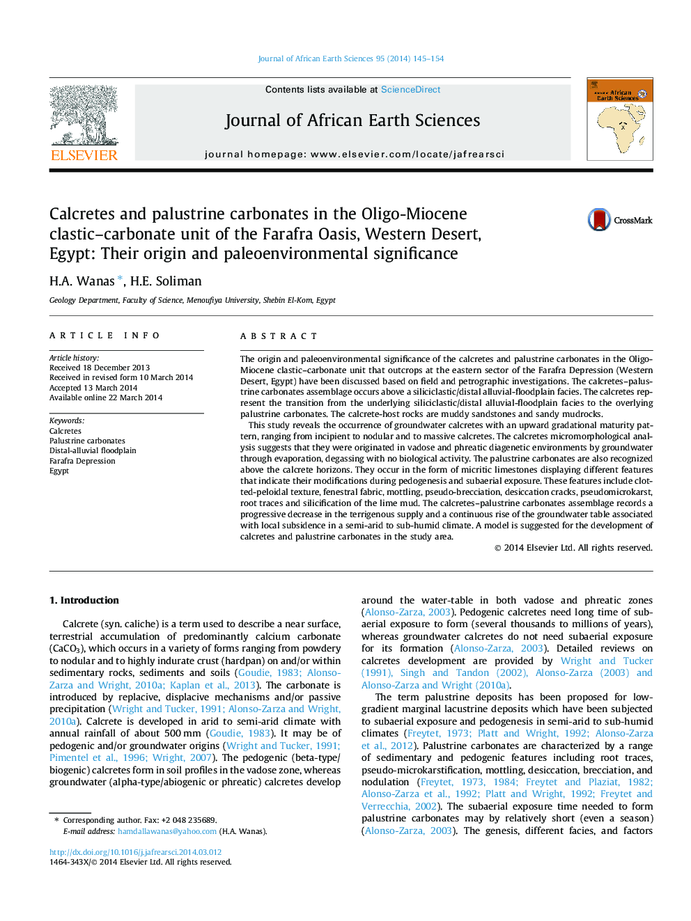 Calcretes and palustrine carbonates in the Oligo-Miocene clastic–carbonate unit of the Farafra Oasis, Western Desert, Egypt: Their origin and paleoenvironmental significance