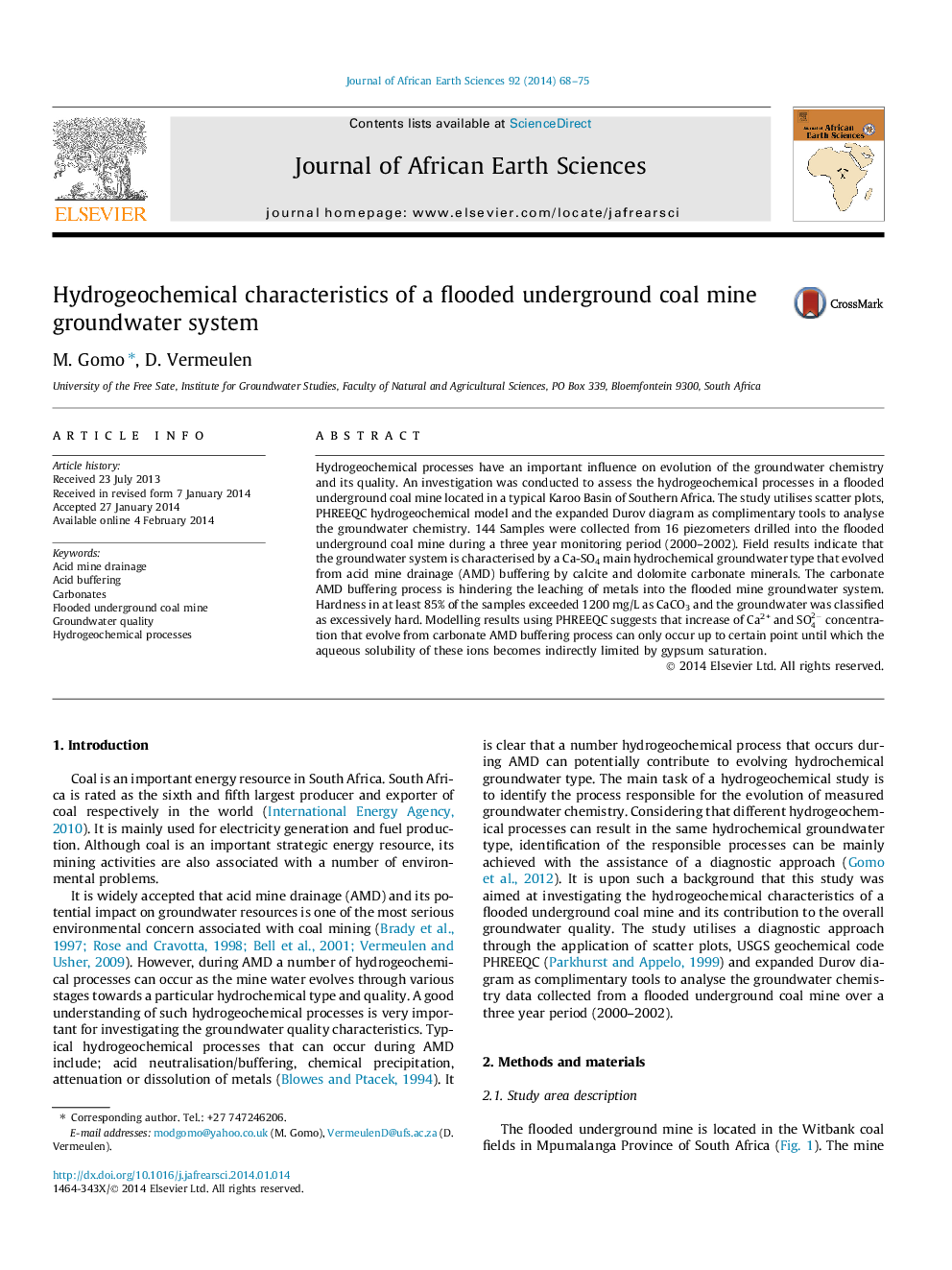 Hydrogeochemical characteristics of a flooded underground coal mine groundwater system