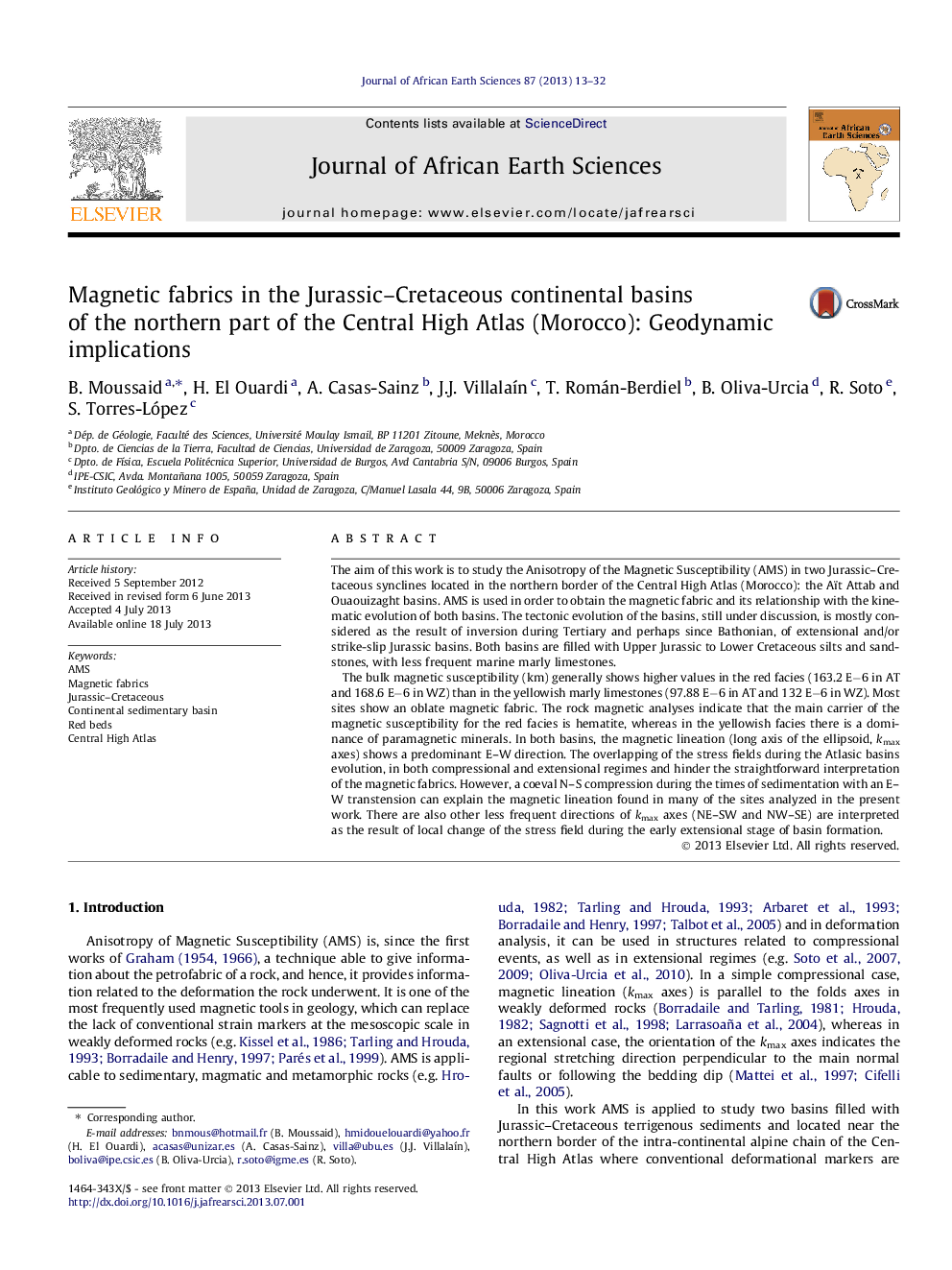 Magnetic fabrics in the Jurassic-Cretaceous continental basins of the northern part of the Central High Atlas (Morocco): Geodynamic implications