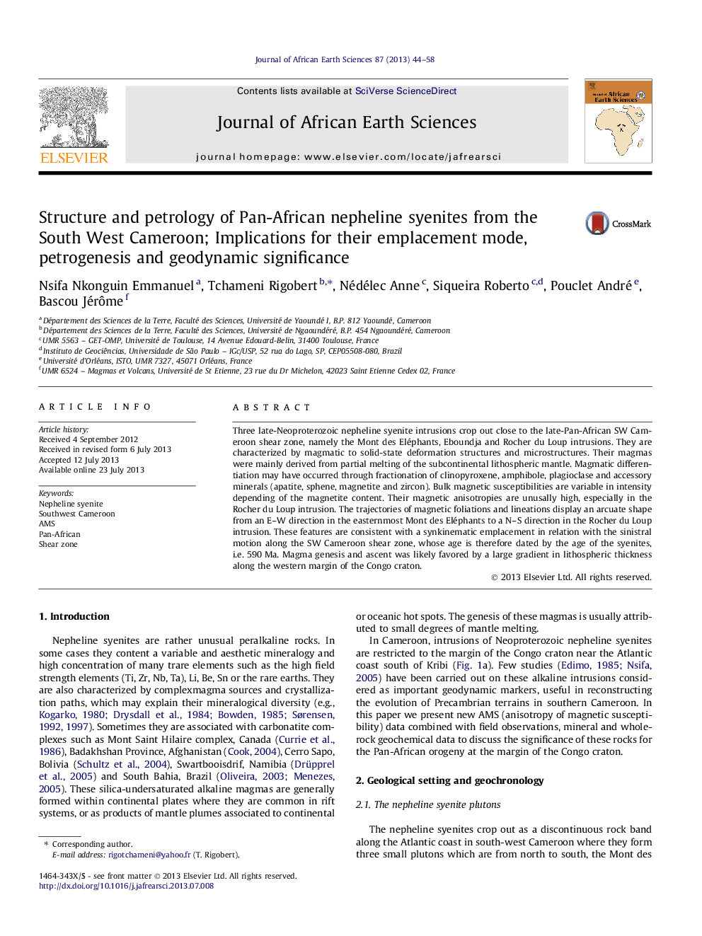 Structure and petrology of Pan-African nepheline syenites from the South West Cameroon; Implications for their emplacement mode, petrogenesis and geodynamic significance